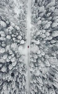 Preview wallpaper road, car, forest, snow, aerial view