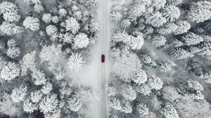 Preview wallpaper road, car, forest, snow, aerial view