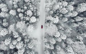 Preview wallpaper road, car, forest, snow, aerial view
