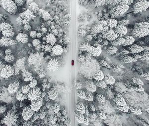 Preview wallpaper road, car, forest, snow, aerial view