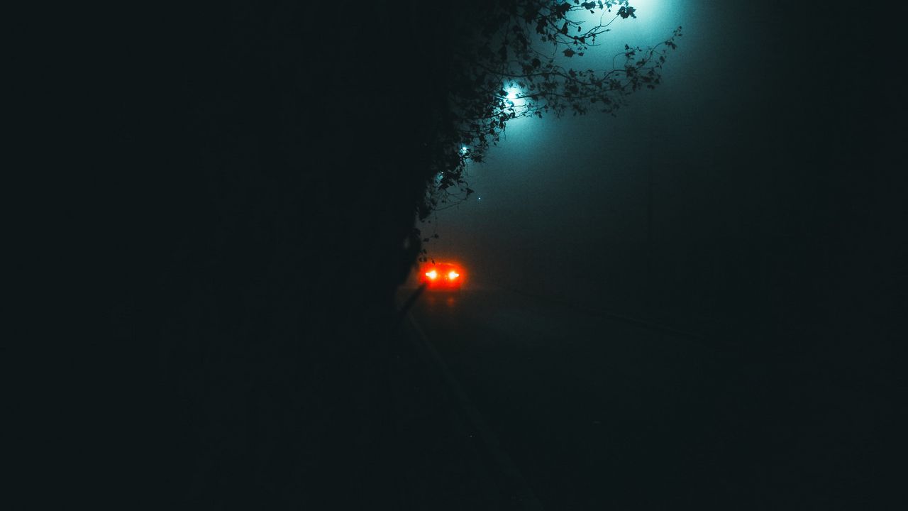 Wallpaper road, car, lights, glow, night