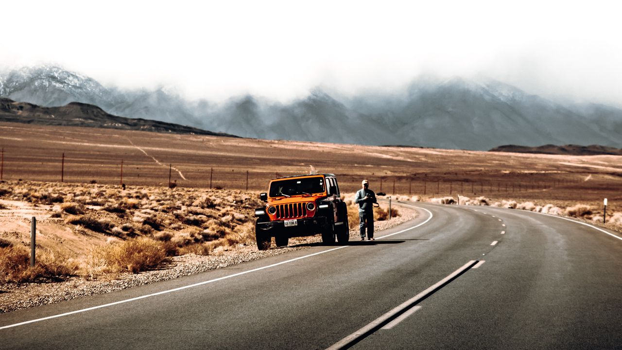 Wallpaper road, car, man, desert