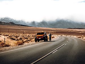 Preview wallpaper road, car, man, desert