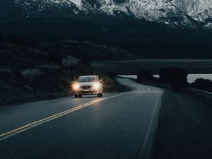 Preview wallpaper road, car, mountain, snowy, nature