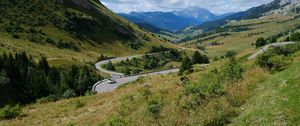 Preview wallpaper road, car, mountains, hills, grass, trees, nature