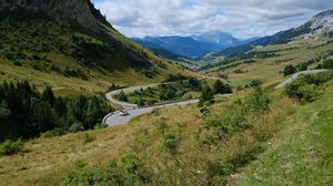 Preview wallpaper road, car, mountains, hills, grass, trees, nature