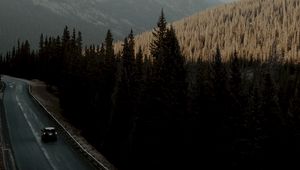 Preview wallpaper road, car, mountains, forest, movement