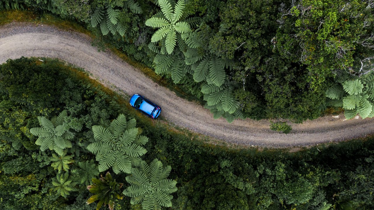 Wallpaper road, car, palm trees, aerial view