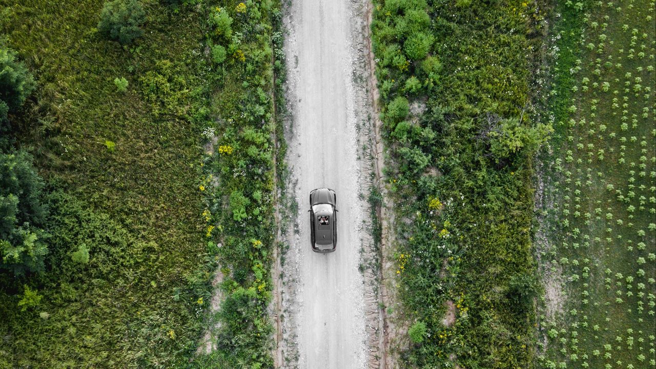 Wallpaper road, car, top view, grass