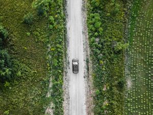 Preview wallpaper road, car, top view, grass