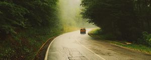 Preview wallpaper road, car, travel, forest, fog, nature