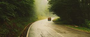 Preview wallpaper road, car, travel, forest, fog, nature