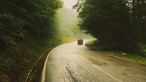 Preview wallpaper road, car, travel, forest, fog, nature