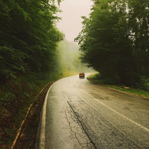 Preview wallpaper road, car, travel, forest, fog, nature