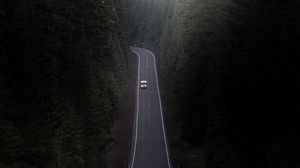 Preview wallpaper road, car, trees, hill, valley