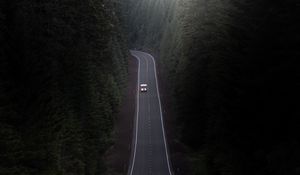 Preview wallpaper road, car, trees, hill, valley