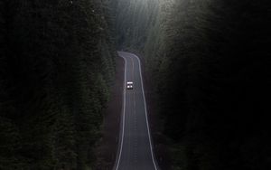 Preview wallpaper road, car, trees, hill, valley