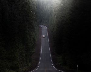 Preview wallpaper road, car, trees, hill, valley