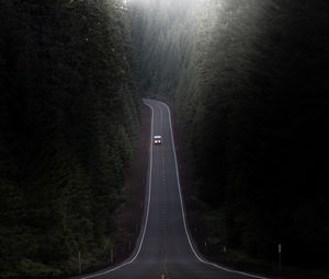 Preview wallpaper road, car, trees, hill, valley