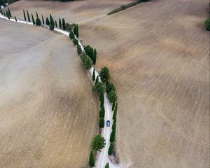 Preview wallpaper road, car, trees, fields