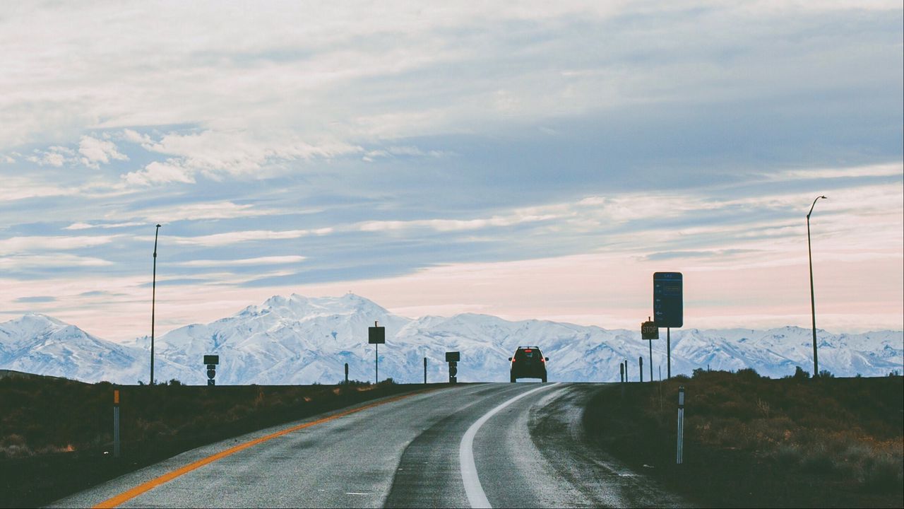 Wallpaper road, car, turn, mountains