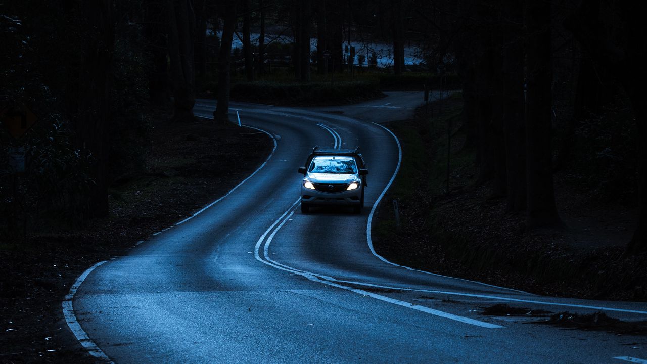 Wallpaper road, car, winding, night