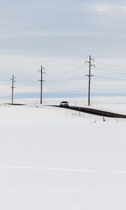 Preview wallpaper road, car, winter, minimalism, snow, movement