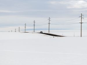 Preview wallpaper road, car, winter, minimalism, snow, movement