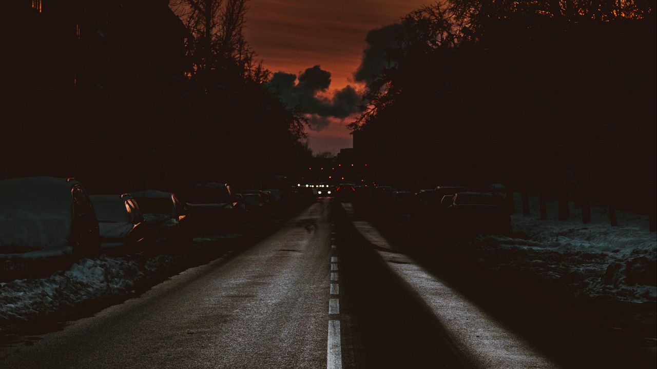 Wallpaper road, cars, building, twilight