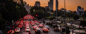 Preview wallpaper road, cars, buildings, city, evening