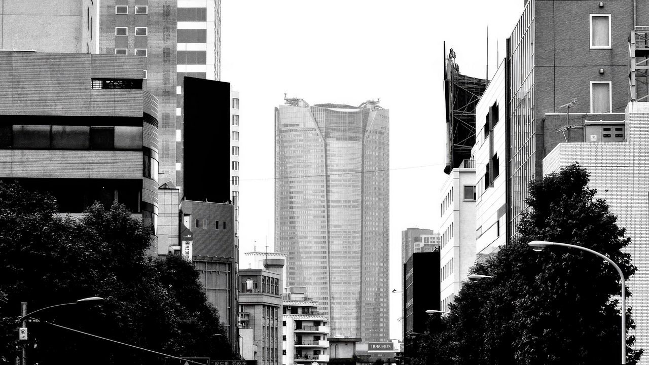 Wallpaper road, cars, buildings, city, bw