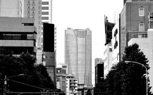 Preview wallpaper road, cars, buildings, city, bw
