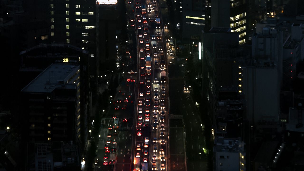 Wallpaper road, cars, buildings, street, city, aerial view, dark