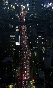 Preview wallpaper road, cars, buildings, street, city, aerial view, dark