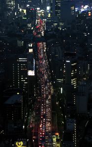 Preview wallpaper road, cars, buildings, street, city, aerial view, dark