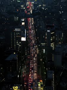 Preview wallpaper road, cars, buildings, street, city, aerial view, dark