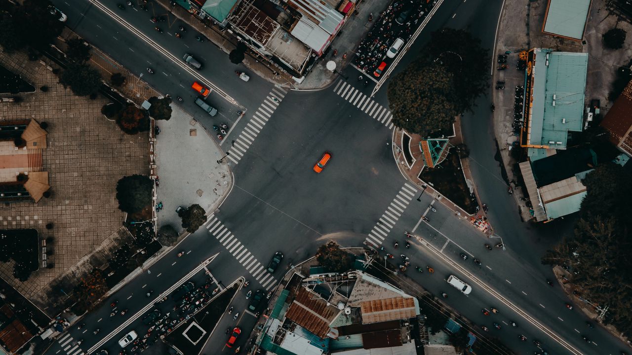 Wallpaper road, cars, buildings, aerial view