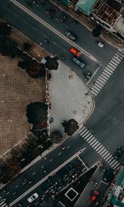Preview wallpaper road, cars, buildings, aerial view