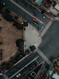Preview wallpaper road, cars, buildings, aerial view