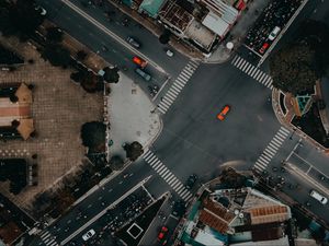 Preview wallpaper road, cars, buildings, aerial view