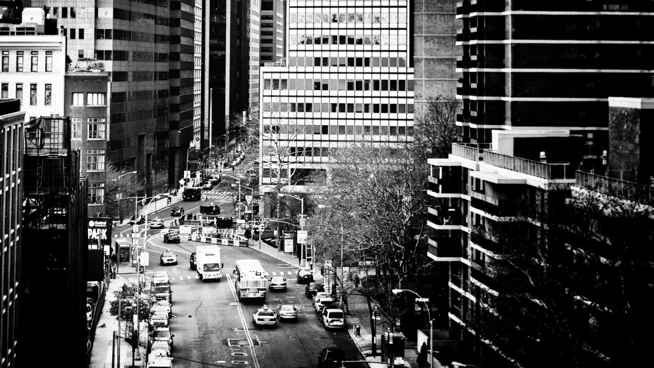 Wallpaper road, cars, buildings, skyscrapers, city, black and white