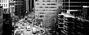 Preview wallpaper road, cars, buildings, skyscrapers, city, black and white