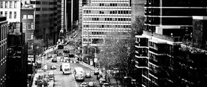 Preview wallpaper road, cars, buildings, skyscrapers, city, black and white