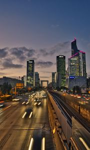 Preview wallpaper road, cars, buildings, evening, lights