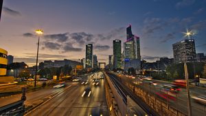 Preview wallpaper road, cars, buildings, evening, lights