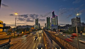 Preview wallpaper road, cars, buildings, evening, lights