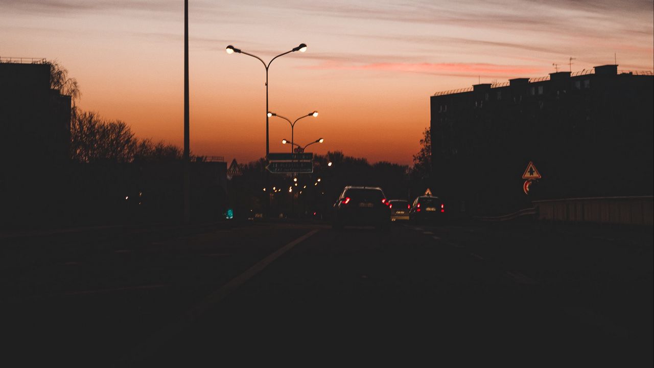 Wallpaper road, cars, dusk, dark