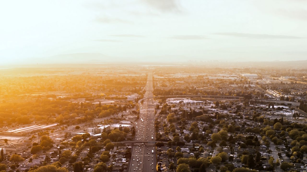 Wallpaper road, cars, houses, trees, aerial view