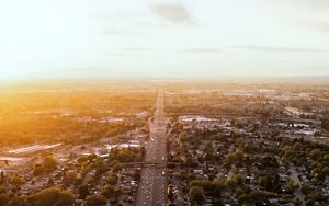 Preview wallpaper road, cars, houses, trees, aerial view