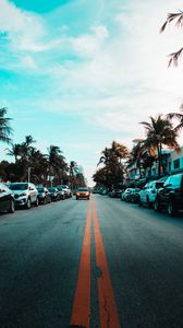 Preview wallpaper road, cars, markings, palm trees, sky